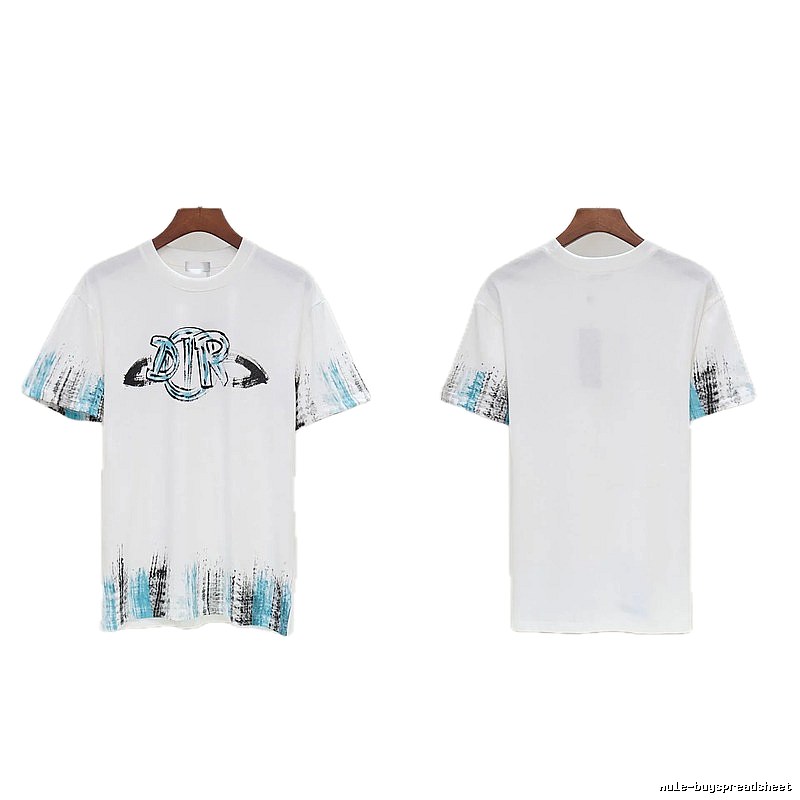 Dior Graffiti Collection Street Style White and Blue Short-sleeve T-shirt